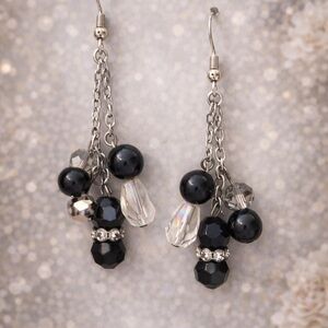 Silver Chain Dangle Earrings with Black and Crystal Beads